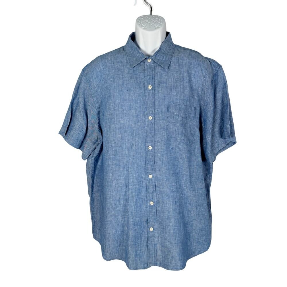 Lands End Shirt Mens XL Tailored Fit Blue Chambray Linen Short Sleeve Button Up